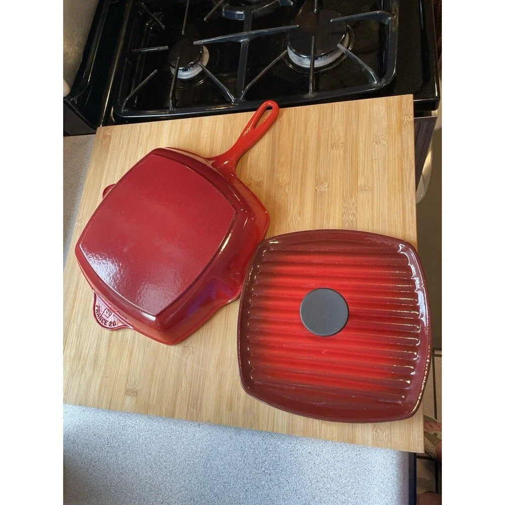 Vintage Le Creuset #26 Red Square Grill Pan France + Cast Iron Panini Press